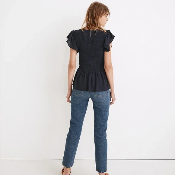 Madewell Flutter Sleeve Smocked Top EUC Size S Navy Blue - Picture 5 of 9